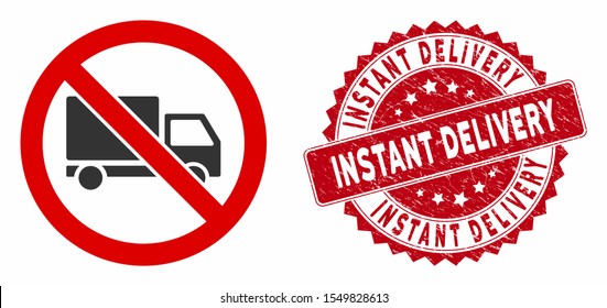 Vector no cargo delivery icon and rubber round stamp watermark with Instant Delivery caption. Flat no cargo delivery icon is isolated on a white background.