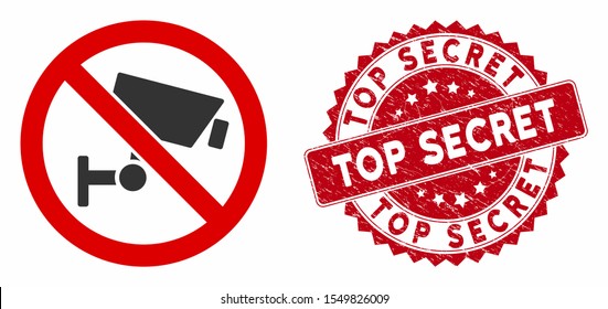 Vector no CCTV watching icon and grunge round stamp seal with Top Secret text. Flat no CCTV watching icon is isolated on a white background. Top Secret seal uses red color and grunge texture.