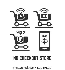 Vector No Checkout Store Or Cashier Less Shop Icon With Cart, Wallet, Camera And Smartphone. Advanced Technology Just Grab And Go System For Walk Out Shopping Business Symbols.