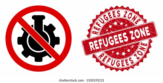 Vector no chemical industry icon and grunge round stamp seal with Refugees Zone phrase. Flat no chemical industry icon is isolated on a white background.