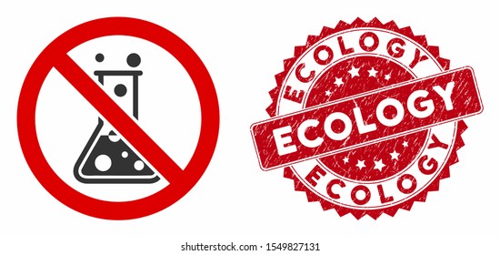 Vector no chemical reaction icon and grunge round stamp seal with Ecology caption. Flat no chemical reaction icon is isolated on a white background.