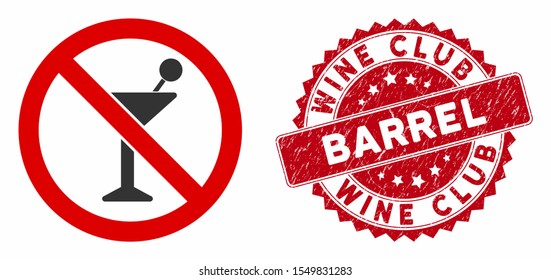 Vector no cocktail icon and grunge round stamp watermark with Wine Club Barrel caption. Flat no cocktail icon is isolated on a white background.