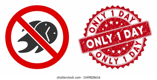 Vector no deadline icon and rubber round stamp seal with Only 1 Day caption. Flat no deadline icon is isolated on a white background. Only 1 Day stamp uses red color and rubber design.