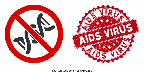 Vector no DNA helix icon and distressed round stamp seal with AIDS Virus phrase. Flat no DNA helix icon is isolated on a white background. AIDS Virus stamp seal uses red color and rubber texture.