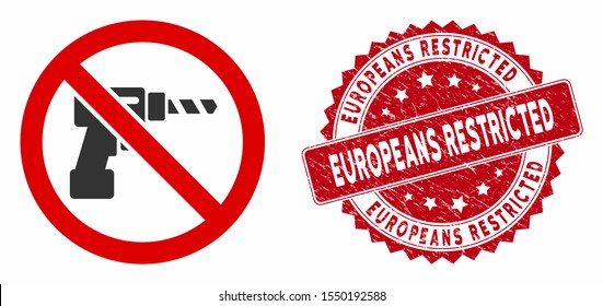 Vector no drill icon and grunge round stamp seal with Europeans Restricted text. Flat no drill icon is isolated on a white background.