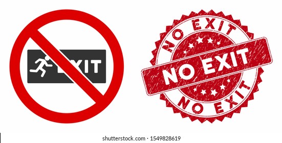 Vector No Exit Icon And Distressed Round Stamp Seal With No Exit Caption. Flat No Exit Icon Is Isolated On A White Background. No Exit Stamp Seal Uses Red Color And Grunged Design.