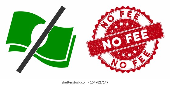 Vector no fee icon and grunge round stamp seal with No Fee caption. Flat no fee icon is isolated on a white background. No Fee stamp seal uses red color and rubber surface.