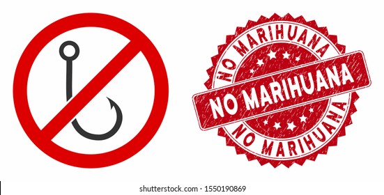 Vector no fishing hook icon and grunge round stamp seal with No Marihuana caption. Flat no fishing hook icon is isolated on a white background. No Marihuana stamp uses red color and grunge surface.