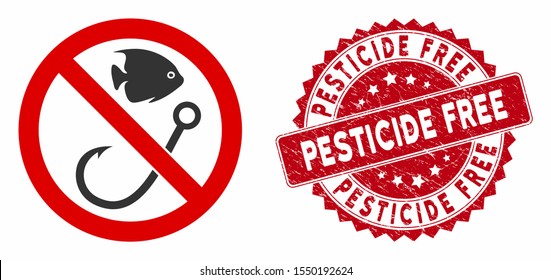 Vector no fishing icon and grunge round stamp seal with Pesticide Free caption. Flat no fishing icon is isolated on a white background. Pesticide Free stamp seal uses red color and rubber surface.