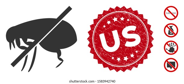 Vector no fleas icon and corroded round stamp seal with Us phrase. Flat no fleas icon is isolated on a white background. Us stamp seal uses red color and distress surface. Bonus icons are added.