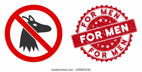 Vector no fox icon and grunge round stamp watermark with For Men phrase. Flat no fox icon is isolated on a white background. For Men stamp seal uses red color and grunge texture.