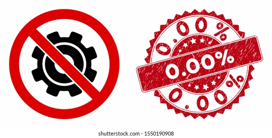 Vector no gearwheel icon and rubber round stamp seal with 0.00% text. Flat no gearwheel icon is isolated on a white background. 0.00% stamp seal uses red color and grunge texture.
