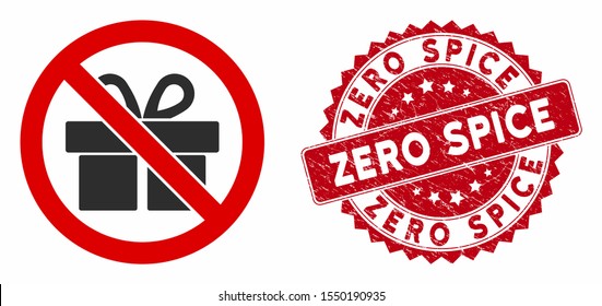 Vector no gifts icon and corroded round stamp seal with Zero Spice text. Flat no gifts icon is isolated on a white background. Zero Spice stamp seal uses red color and scratched texture.