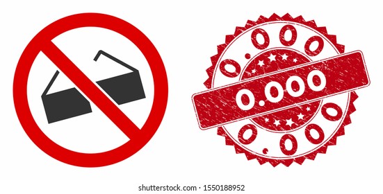 Vector no glasses icon and grunge round stamp seal with 0.000 text. Flat no glasses icon is isolated on a white background. 0.000 stamp seal uses red color and grunge surface.