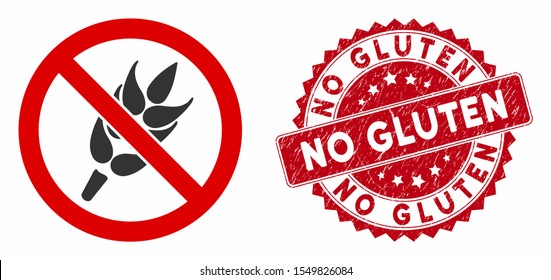 Vector no gluten icon and grunge round stamp seal with No Gluten caption. Flat no gluten icon is isolated on a white background. No Gluten stamp seal uses red color and rubber texture. svg