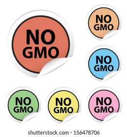 Vector: No GMO colorful stickers, icons, labels, signs, symbols or tags isolated on white background.