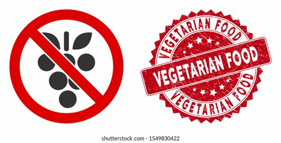 Vector no grapes icon and rubber round stamp seal with Vegetarian Food text. Flat no grapes icon is isolated on a white background. Vegetarian Food stamp seal uses red color and rubber design.