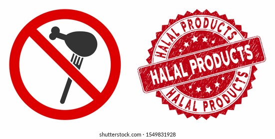 Vector no grilled chicken icon and rubber round stamp watermark with Halal Products phrase. Flat no grilled chicken icon is isolated on a white background.