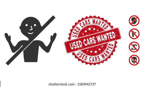 Vector no guru icon and distressed round stamp seal with Used Cars Wanted phrase. Flat no guru icon is isolated on a white background. Used Cars Wanted stamp seal uses red color and grunged surface.