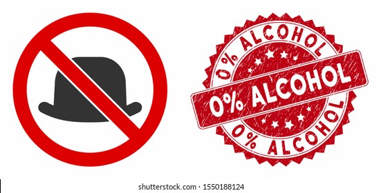 Vector no icono de sombrero y sello redondo grueso con texto Alcohol al 0%. Icono de sombrero plano está aislado en un fondo blanco. El sello Alcohol 0% utiliza color rojo y textura grunge.