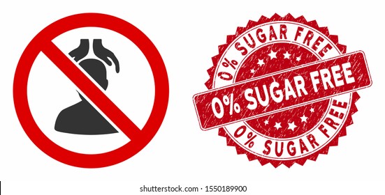 Vector no head massage icon and distressed round stamp seal with 0% Sugar Free phrase. Flat no head massage icon is isolated on a white background.