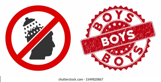 Vector no head shower icon and grunge round stamp seal with Boys caption. Flat no head shower icon is isolated on a white background. Boys stamp seal uses red color and dirty surface.