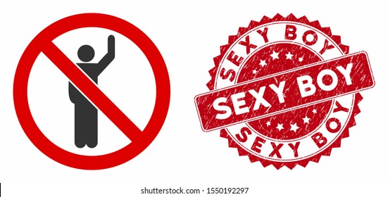 Vector no hitchhike icon and grunge round stamp seal with Sexy Boy phrase. Flat no hitchhike icon is isolated on a white background. Sexy Boy stamp seal uses red color and grunged texture.