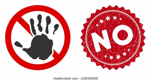 Vector no icon and rubber round stamp seal with No caption. Flat no icon is isolated on a white background. No stamp seal uses red color and dirty surface.