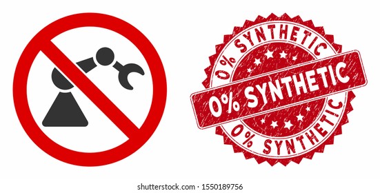 Vector no industrial robotics icon and rubber round stamp seal with 0% Synthetic text. Flat no industrial robotics icon is isolated on a white background.