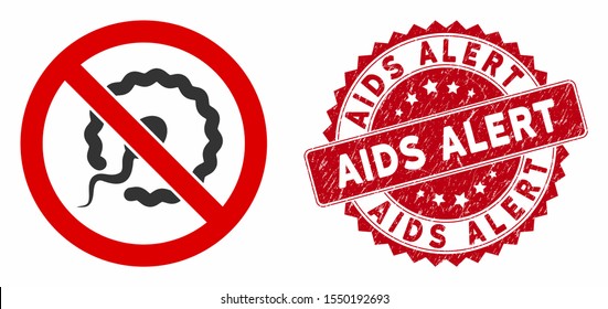 Vector no insemination icon and rubber round stamp watermark with AIDS Alert caption. Flat no insemination icon is isolated on a white background. AIDS Alert stamp uses red color and rubber design.