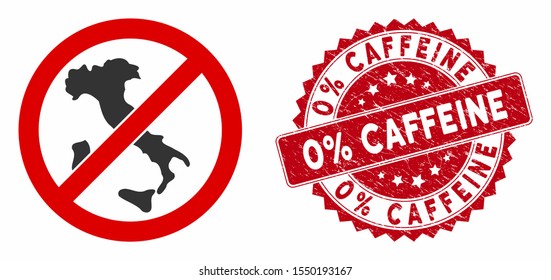 Vector no italian icon and corroded round stamp seal with 0% Caffeine phrase. Flat no italian icon is isolated on a white background. 0% Caffeine stamp seal uses red color and distress surface.