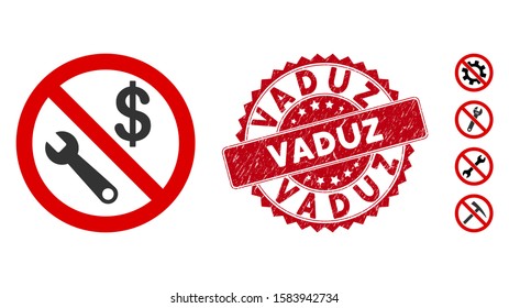 Vector No Job Icon And Grunge Round Stamp Watermark With Vaduz Text. Flat No Job Icon Is Isolated On A White Background. Vaduz Stamp Seal Uses Red Color And Scratched Texture. Bonus Icons Are Added.