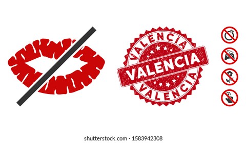 Vector no kiss icon and rubber round stamp seal with Valencia phrase. Flat no kiss icon is isolated on a white background. Valencia stamp seal uses red color and scratched surface.