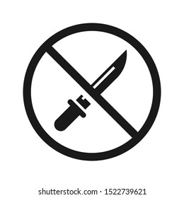 The vector of No Knife or No Weapon Sign. No weapon allowed symbol. Knife cross out. High quality prohibition sign isolated on white. City public signs. Monochrome, one color, black and white.