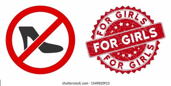 Vector no lady shoe icon and corroded round stamp seal with For Girls text. Flat no lady shoe icon is isolated on a white background. For Girls stamp seal uses red color and grunged design.