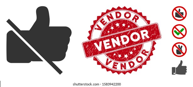 Vector no likes icon and distressed round stamp seal with Vendor text. Flat no likes icon is isolated on a white background. Vendor stamp seal uses red color and dirty design. Bonus icons are added.
