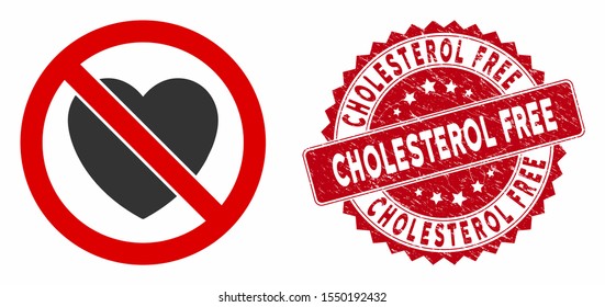 Vector no love icon and rubber round stamp seal with Cholesterol Free caption. Flat no love icon is isolated on a white background. Cholesterol Free stamp seal uses red color and grunge design.