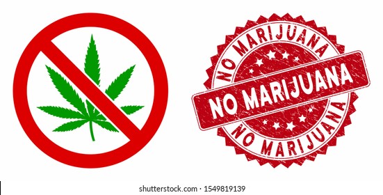 Vector no marijuana icon and grunge round stamp seal with No Marijuana text. Flat no marijuana icon is isolated on a white background. No Marijuana stamp seal uses red color and grunge surface.