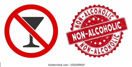 Vector no martini glass icon and rubber round stamp seal with Non-Alcoholic text. Flat no martini glass icon is isolated on a white background.