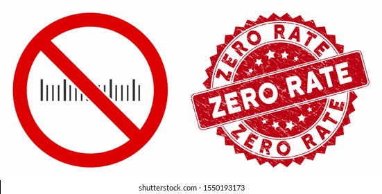 Vector no measure icon and rubber round stamp seal with Zero Rate caption. Flat no measure icon is isolated on a white background. Zero Rate stamp seal uses red color and dirty surface.