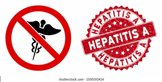 Vector no medical caduceus icon and distressed round stamp seal with Hepatitis A phrase. Flat no medical caduceus icon is isolated on a white background.