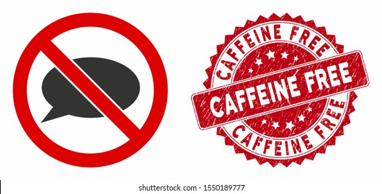 Vector no message icon and rubber round stamp watermark with Caffeine Free text. Flat no message icon is isolated on a white background. Caffeine Free stamp uses red color and rubber design.