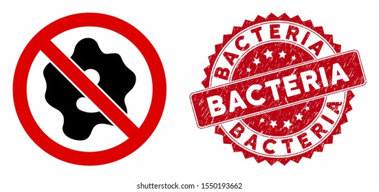 Vector no microbe icon and rubber round stamp seal with Bacteria caption. Flat no microbe icon is isolated on a white background. Bacteria stamp seal uses red color and distress surface.