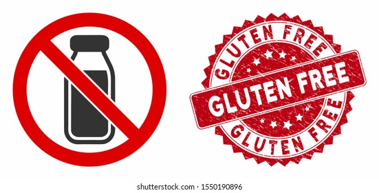 Vector no milk bottle icon and corroded round stamp seal with Gluten Free text. Flat no milk bottle icon is isolated on a white background. Gluten Free stamp seal uses red color and grunged design.