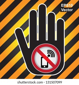 Vector : No Mobile Phone Prohibited Sign Present By Hand With No Mobile Phone Sign Inside in Caution Zone Dark and Yellow Background