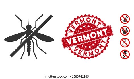 Vector no mosquito icon and distressed round stamp seal with Vermont text. Flat no mosquito icon is isolated on a white background. Vermont stamp seal uses red color and scratched surface.