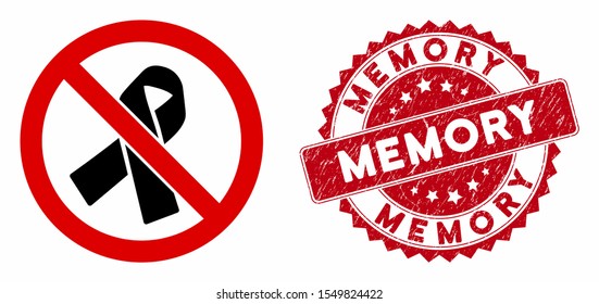 Vector no mourning ribbon icon and rubber round stamp seal with Memory phrase. Flat no mourning ribbon icon is isolated on a white background. Memory stamp seal uses red color and grunge surface.