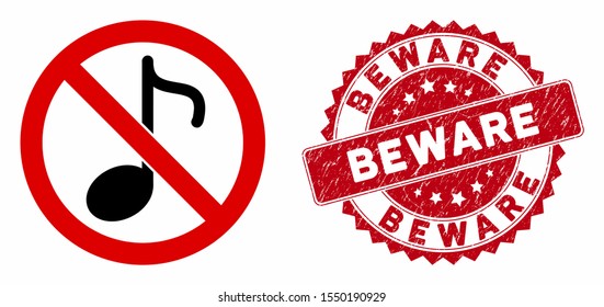 Vector no music note icon and distressed round stamp seal with Beware caption. Flat no music note icon is isolated on a white background. Beware stamp seal uses red color and grunge texture.