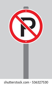 A vector no parking sign on a pole over a plain grey background.