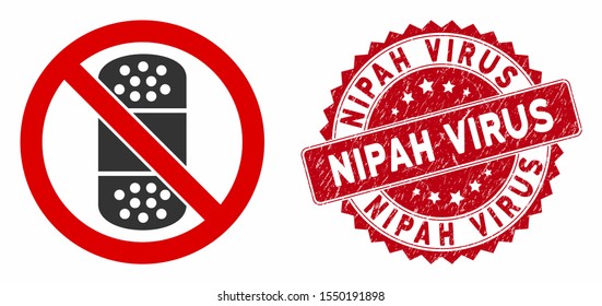 Vector no patch icon and corroded round stamp seal with Nipah Virus text. Flat no patch icon is isolated on a white background. Nipah Virus stamp seal uses red color and grunge surface.